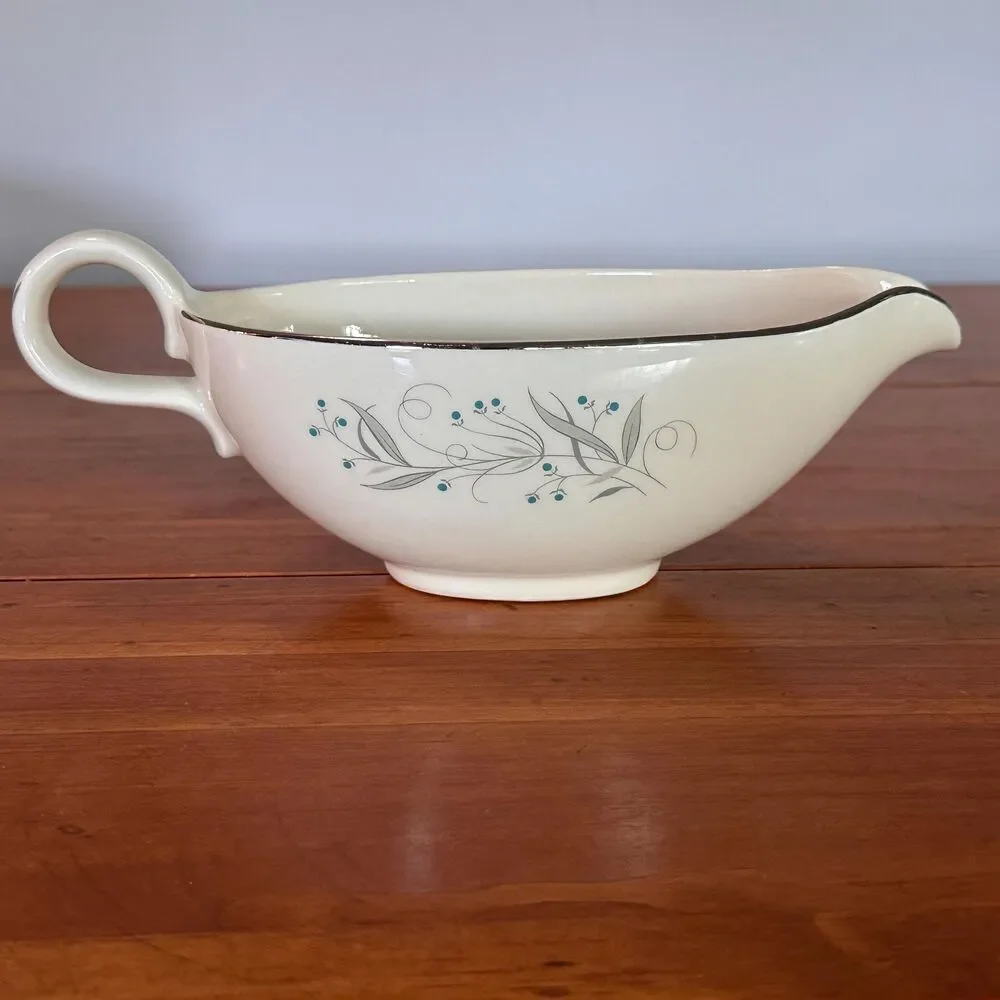 Homer Laughlin Celeste Gravy Boat and Underplate Mid Century Platinum Trim MCM